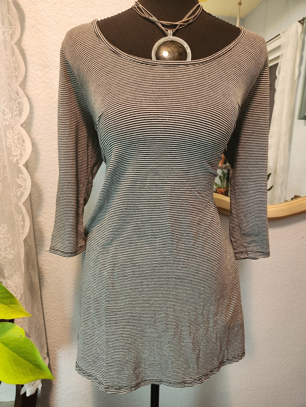 Rolla Coster Black and White Striped Scoop Neck Long Sleeve Dress